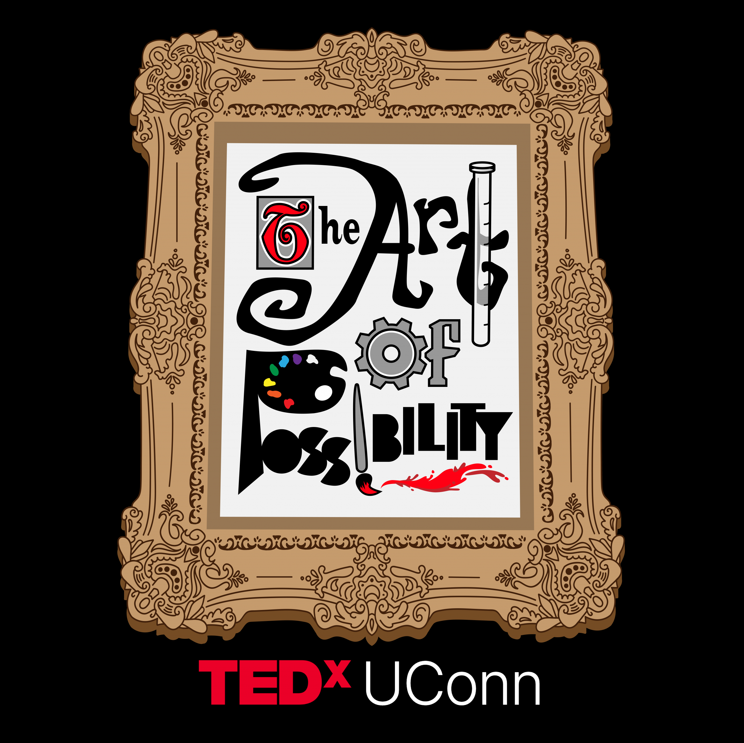A decorative frame on a black background containing the conference title "The Art of Possibility." The design of the letters reference different arts and sciences (the 'T' in 'art' is a test tube, the 'P' and 'I' of 'Possibility are a paint palette and brush, 'o' is a gear, etc.).